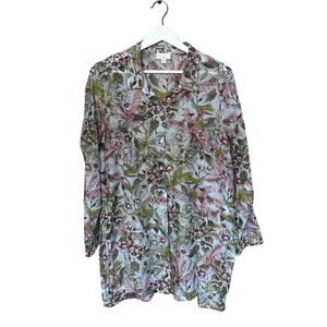 J Jill Silk Blend Blouse Large Petite Button Up‎ Tunic Top Hummingbird Floral